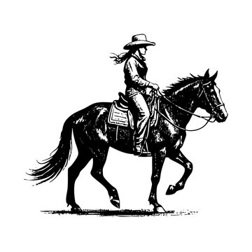cowgirl wear hat riding horse on desert in Black and White Vector Silhouette Illustration