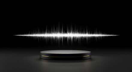 Black round podium with gold accents displaying sound wave graphic. Empty display for product presentation in a minimalist studio setting.