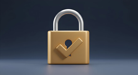 A 3D rendered gold padlock with a check mark in the keyhole is positioned on a dark background, showcasing security and approval perfect for tech or security industry ads.