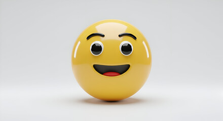Fototapeta premium 3D yellow emoji face with wide smile in a studio setting. Smiling emoticon on white background. Digital graphic. joyful virtual character. design project.