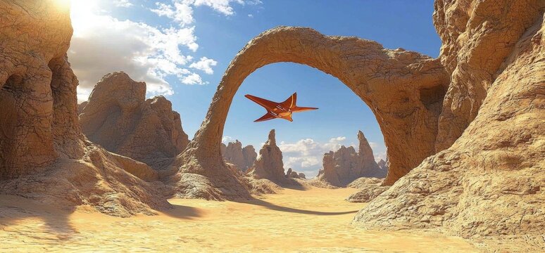 Spaceships soaring above unique arch-shaped rock formations.