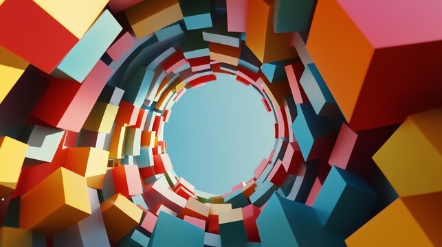 Abstract image of colorful blocks forming a swirling tunnel with a clear sky visible in the center.