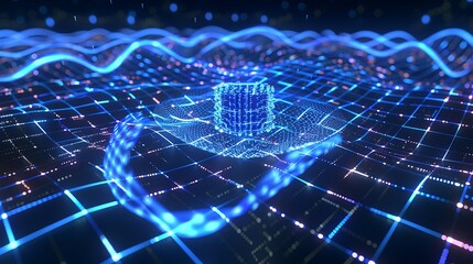 Obraz premium Quantum processor core surrounded by flowing neon blue wave circuits, emitting pulses across a dark tech grid .