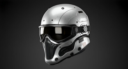 Fototapeta premium Futuristic silver helmet with dark accents in a studio setting. The helmet displays a sophisticated design with advanced features and is showcased against a dark backdrop.