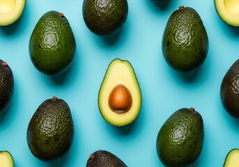 Avocado Pattern on Blue Background Top View Healthy Food Concept Delicious Fresh Fruits for Culinary Design