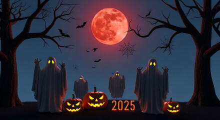 Halloween scene with ghosts, pumpkins, bats, and red moon, 2025