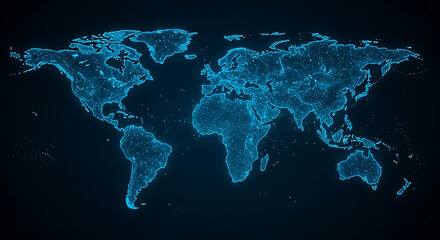 Glowing blue world map with digital network visualization showing global connections, data nodes, and technology communication pathways
