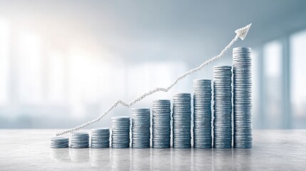 Stacks of silver coins with glowing cloud arrow symbolizing financial growth, wealth and investment success
