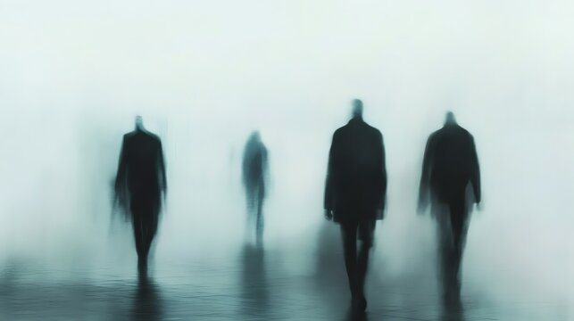 Four blurred figures walk through a foggy, ethereal space.
