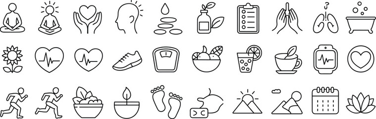 Wellness, fitness, and self-care icons set, perfect for health apps, spa branding, lifestyle blogs, mental health, and meditation content