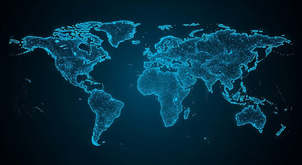 Glowing blue world map with digital network visualization showing global connections, data nodes, and technology communication pathways
