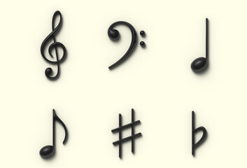 Black 3D musical symbols on light background