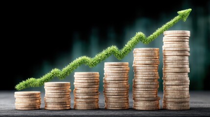 Financial Growth Concept Rising Coin Stacks with Green Arrow