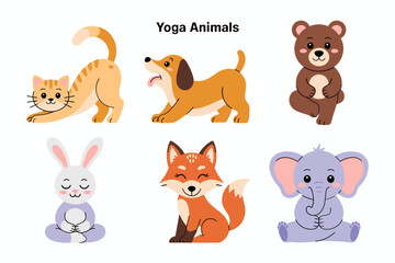 Obraz premium Yoga animals poster icons, cat dog bear rabbit fox elephant vector, balance and stretching pose illustration, fitness clipart, classroom mindfulness design