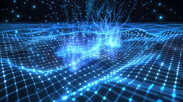 Realistic, glowing blue grid flowing with quantum code pulses and explosive bursts at node intersections .