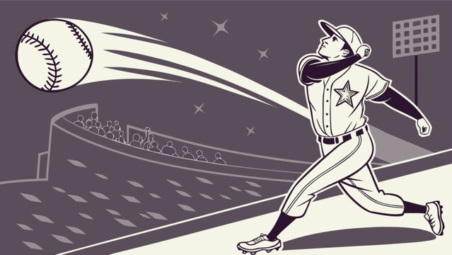 Baseball pitcher throwing ball in stadium illustration for sports and recreation advertising design