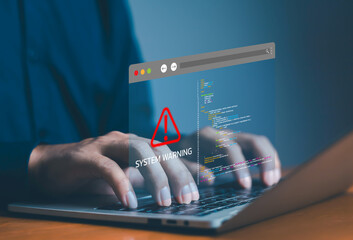 Cybersecurity system warning with red exclamation mark icon and programming code on a digital interface above a laptop, representing coding errors, security threats, and online data risks.