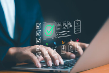 Digital checklist and task management concept with tick icons and documents above a laptop, symbolizing project planning, productivity, and workflow organization through technology.