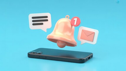 Digital Notification - A 3D render of a smartphone with a glowing notification bell and chat bubbles, for online communication, messages, and alerts