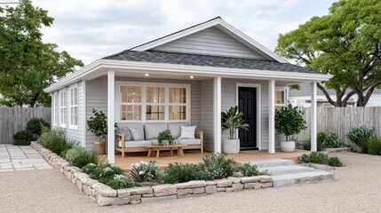 Charming Grey House Cottage with Covered Porch and Landscaping