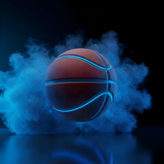 Fototapeta premium A basketball with glowing blue lines in a dark, smoky arena. Action shot of a basketball suspended in mid-air surrounded by blue smoke.