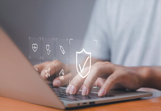 Digital insurance concept with shield check mark icon and service symbols on a virtual interface, representing health, travel, home, and life protection using modern technology.
