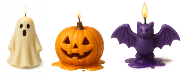set of Halloween candles on a transparent background. pumpkin candle. ghost candle. bat candle