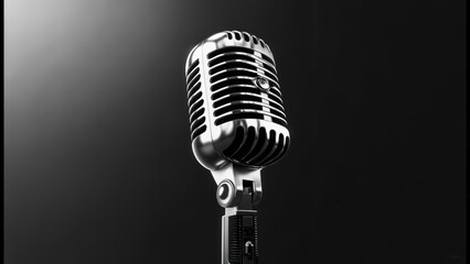 Fototapeta premium Close-up of a vintage microphone, gleaming chrome, dark backdrop, spotlight