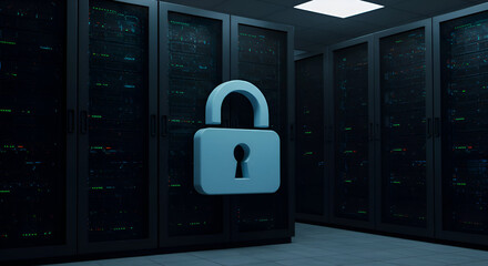 A light-blue padlock icon in a server room. Secure data center infrastructure with rows of dark server cabinets illuminated by glowing lights.