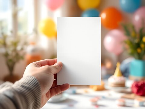 Hand holding vertical blank invitation card at birthday party - Powered by Adobe
