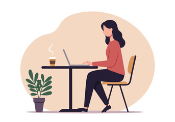 Woman Working on Laptop at Caf&eacute; Illustration