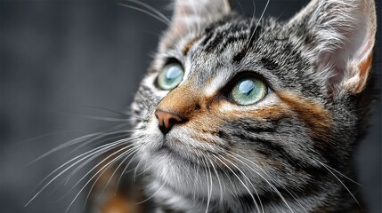 Close-up Portrait of a Tabby Kitten with Striking Green Eyes Looking Up