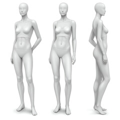 Female mannequin models in underwear/athletic wear. Three-quarters profile view of a female mannequin, posing in studio, fashion photography/retail use.