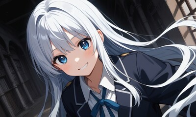 Captivating anime girl with flowing white hair and vivid blue eyes in stylish school uniform, portrayed in vibrant digital art &mdash; perfect for manga, character, and fantasy stock collections