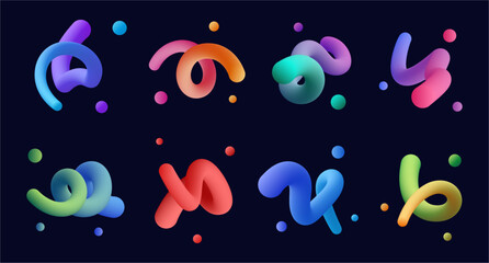 Abstract gradient swirl shapes with dots set. Vector 3D graphic with smooth wavy lines in rainbow style. Vivid fluid motion effects and vibrant spectrum hues. Twisting elements with dynamic flow