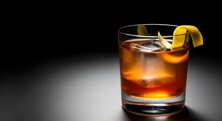 Godfather cocktail with lemon twist garnish black gradient  background. Mixology, bar menu, colorful vibrant refreshing drink in old fashioned glas
