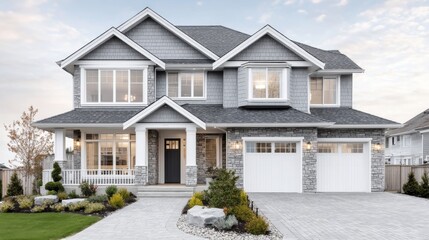 Modern Two-Story House with Gray Exterior and Landscaped Yard