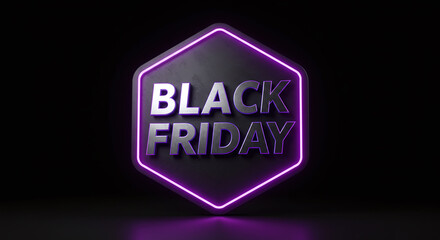 Black friday text on a dark hexagon with purple neon outline in a dark studio setting render