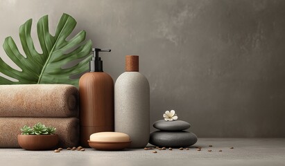 Minimalist spa-inspired beauty product mockup featuring dark grey background with brown towel, green leaf plant, and gray stone rocks for natural body care concept