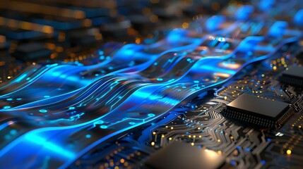 Wavy blue data streams moving over a textured quantum circuit board with radiant core illumination .