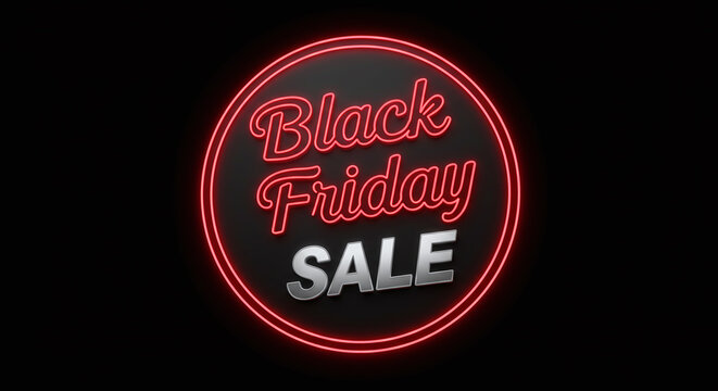 A black friday sale sign with red neon lights on a black background in a circular shape design
