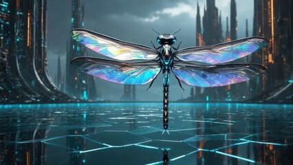 Futuristic dragonfly amidst a vibrant, metallic cityscape