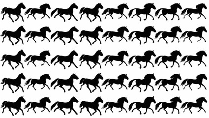 Fototapeta premium Illustration of a repeating pattern featuring multiple horse silhouettes in various running poses on white