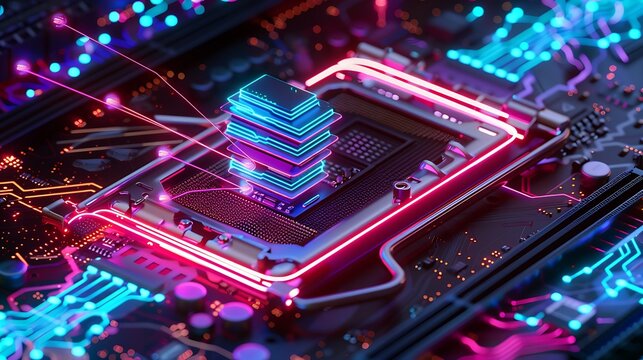 3D rendered futuristic computing circuit with glowing cyan and magenta stacks, bright particle beams crossing over a neon-lit motherboard .