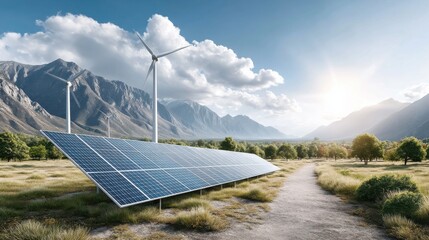 Sustainable Energy Landscape: Solar Panels and Wind Turbines in Mountains