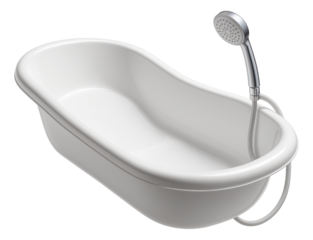 Baby bathtub with an integrated shower attachment for easy rinsing in a townhouse bathroom.