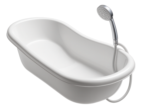 Baby bathtub with an integrated shower attachment for easy rinsing in a townhouse bathroom.