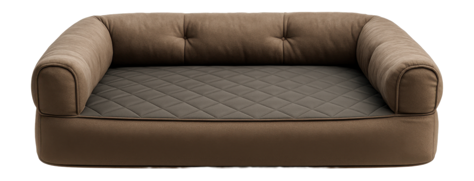 Large dog bed with a bolster edge, providing head and neck support for oversized breeds in a suburban home.