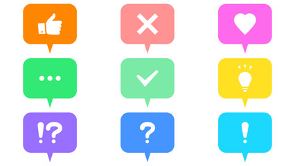 Set of 9 colorful filled speech bubbles with white icons – like, cross, heart, ellipsis, check mark, light bulb, exclamation and question marks – bright vector design.