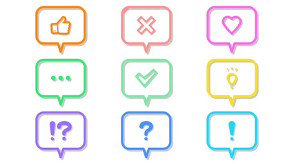 Set of 9 colored outline speech bubbles with various icons – like, cross, heart, ellipsis, check mark, light bulb, exclamation and question marks – modern vector design.